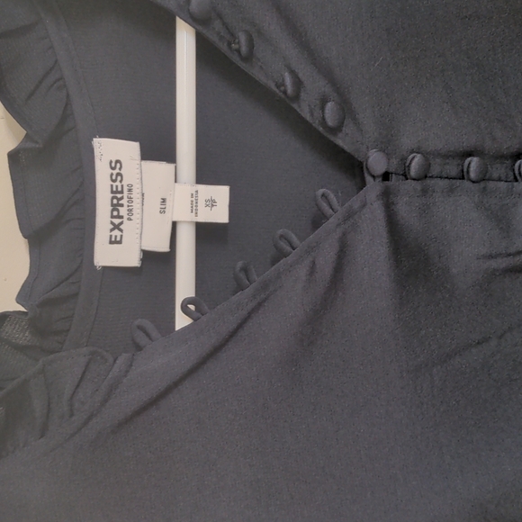 Satin ruffle neck button up blouse Navy - Picture 2 of 2